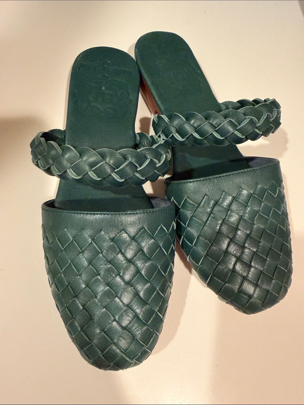 Handmade Woven Dark Green Leather Slide Mules with Braided Strap Size 6.5
